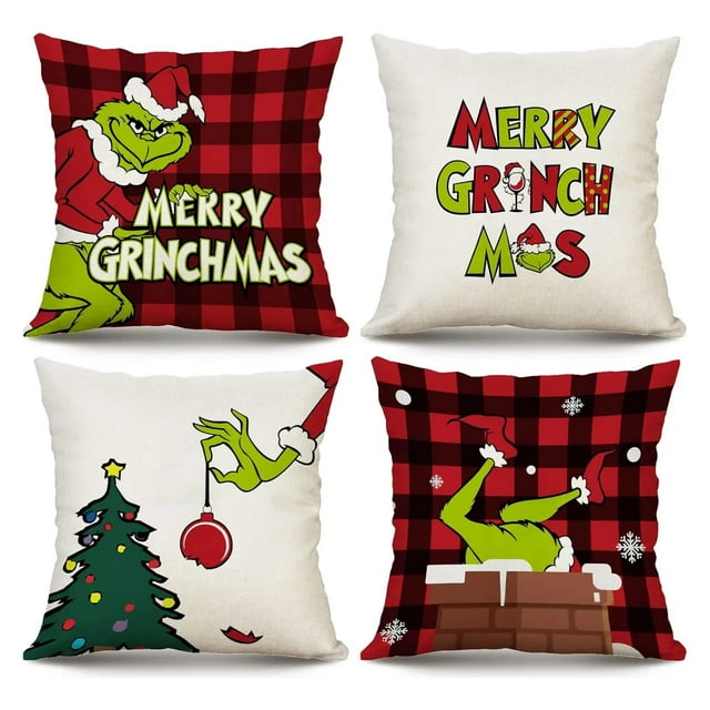 Set de 4 Fundas de Cojín 45x45 cm Navideñas del Grinch, Tela Suave y Lavable, Decoración Festiva para Sofá
