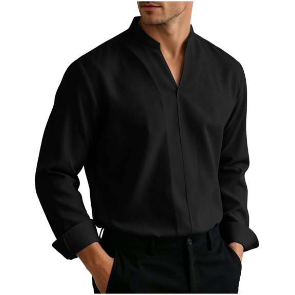 LEAVINGSUO Mens Dress Shirts Stand Collar Solid Color Casual Button Pocket Long Sleeve Shirt Black S