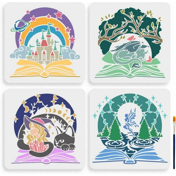 Plantilla de libro mágico de 4 piezas, 11,8 × 11,8 pulgadas, grande, con castillo, gato, elfo y bosque, con pincel. Plantilla de dibujo con temática de libro de ensueño.
