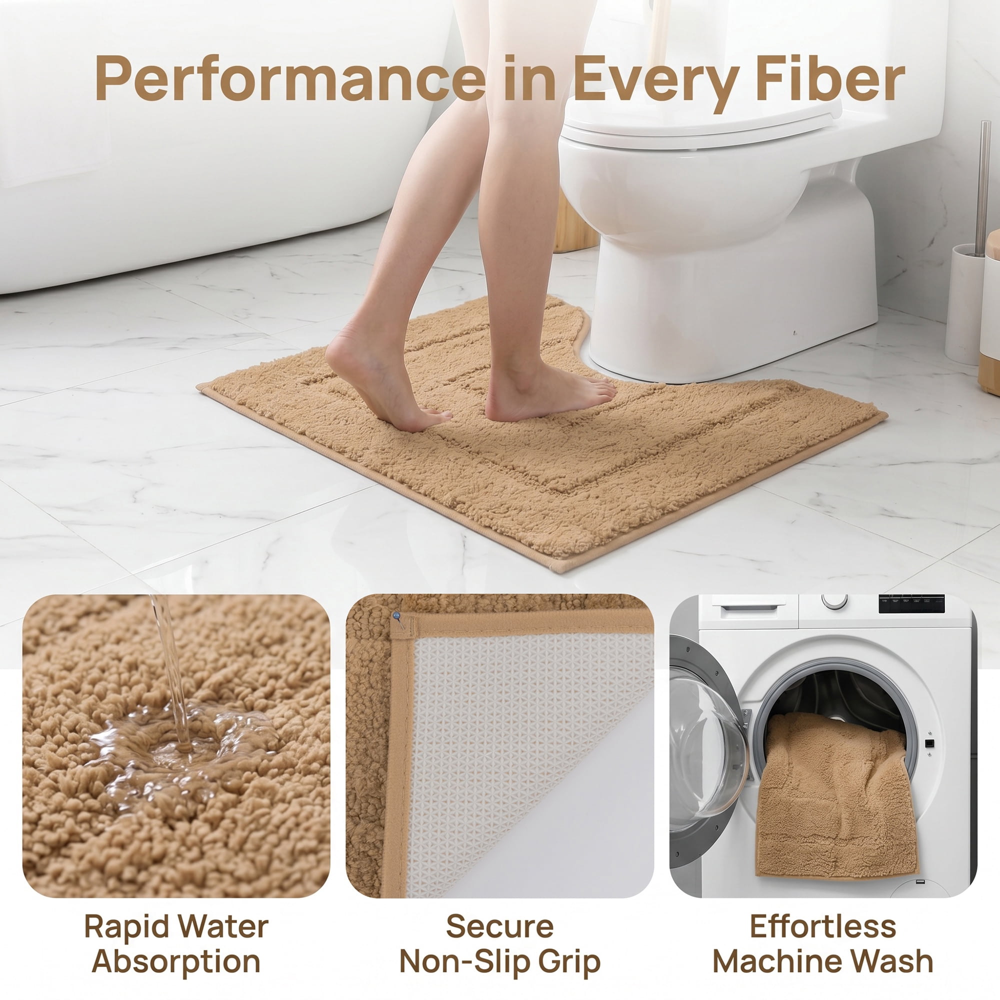 Unique Bargains U-Shaped Absorbent Non Slip Machine Washable Bath Mat Khaki 20" x 16"