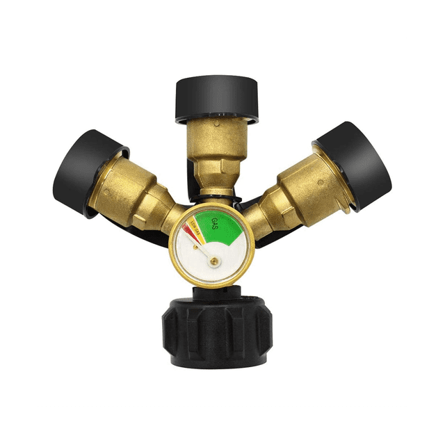 3 Way Propane Splitter with Gauge and Shut-Off Valve, 3 Y Propane Gas Splitter, Propane LP Tank Tee Gauge Adapter