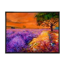 Designart 'An Orange Sunset Over Purple Lavender Fields II' Farmhouse Framed Canvas Wall Art Print