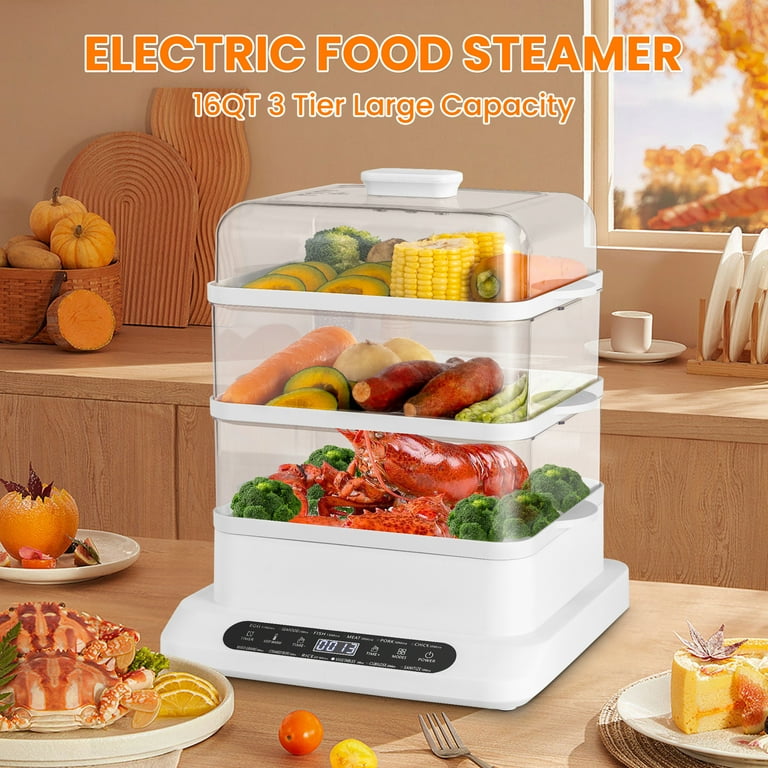Food Steamer 3 Tier 16QT Electric Vegetable Steamer With Appointment and Timer Multifunctional Digital Steamer For Fast Simultaneous Cooking 800W