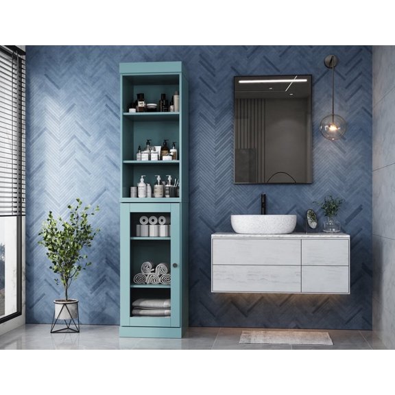 100% Solid Wood 16.5" Wide Bathroom Storage Cabinet with Clear Glass Doors and Adjustable Shelves, Aqua Wooden Cabinet