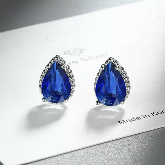 EOEMY Womens 925 Sterling Silver Stud Earrings Color Zircon Teardrop Fashion Jewelry-Royal Blue
