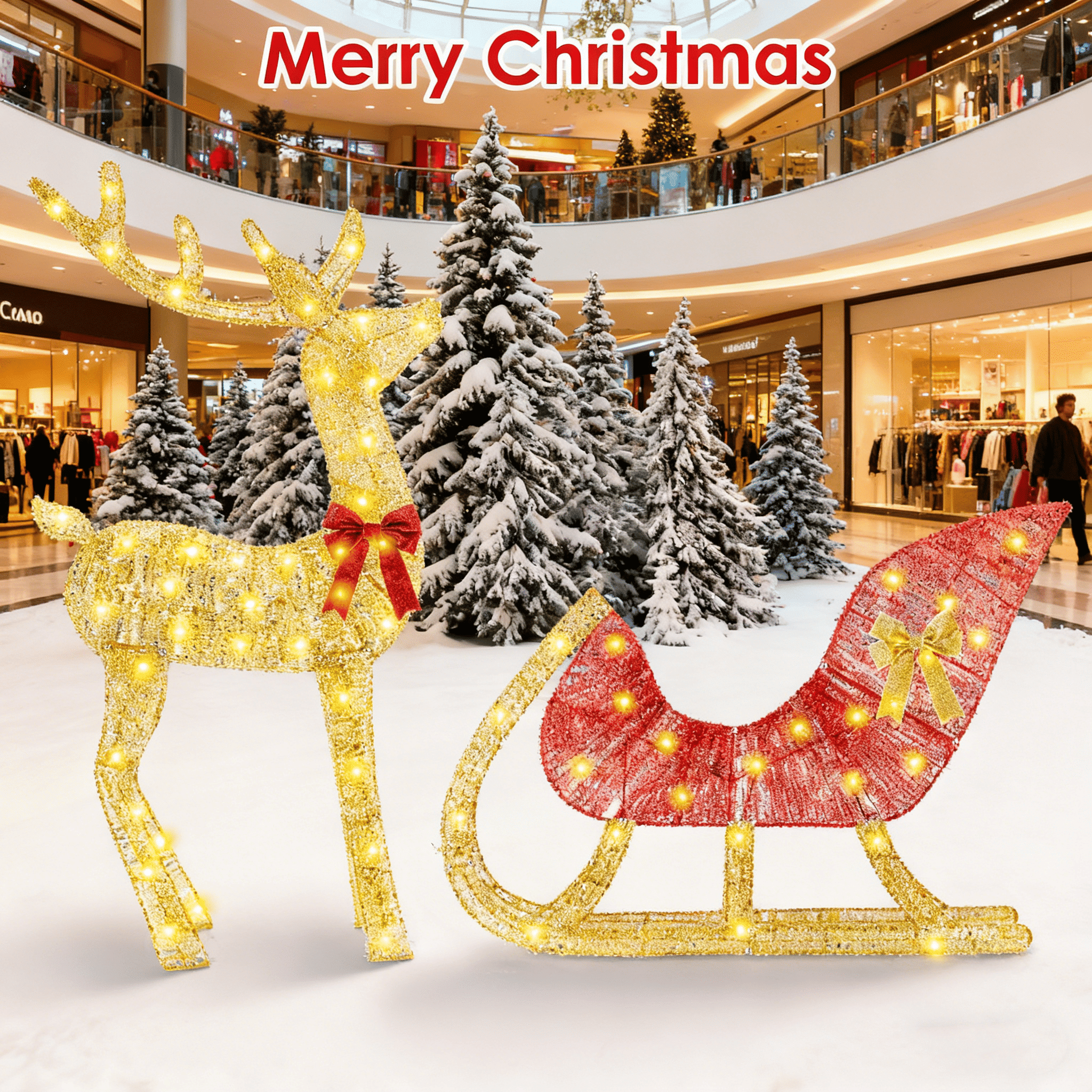 Christmas Reindeer & Sleigh Outdoor Decoration with Lights, 16.97ft LED String (Warm Yellow) 8 Modes, Sturdy Rustproof Iron Frame, Reusable Indoor Outdoor Decor for Yard Patio Party Office