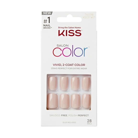 KISS Salon Color Short Square Press-on Nails with Glue, Beige Solid, 28 Pieces