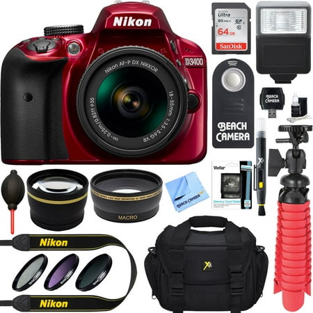 Nikon D3400 24.2 MP DSLR Camera + AF-P DX 18-55mm VR NIKKOR Lens Kit + Accessory Bundle 32GB SDXC Memory + SLR Photo Bag + Wide Angle Lens + 2x Telephoto Lens + Flash + Remote + Tripod+Filters