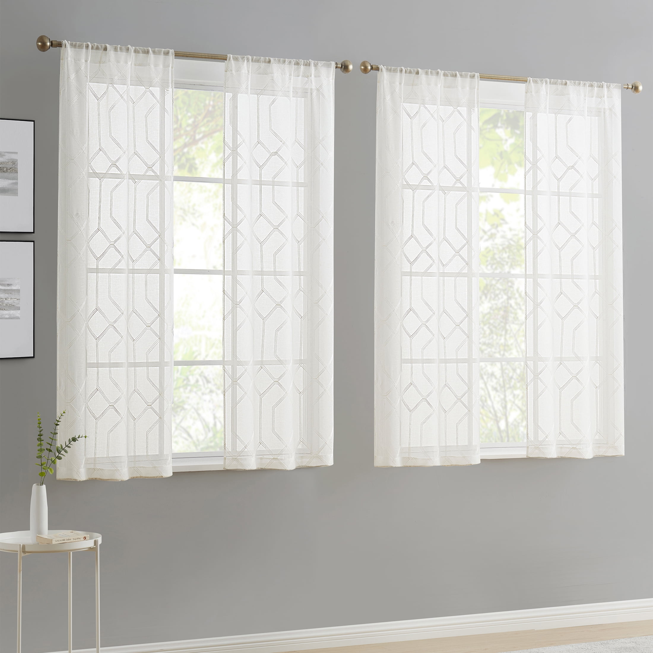 (3 pack) Mainstays Modern Geometric Embroidered Rod Pocket Sheer Curtains, Set of 4, White, 28" W x 63" L