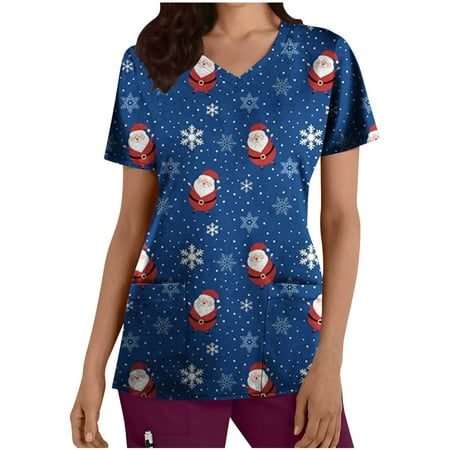 

JWZUY Women Scrubs Tops Short Sleeve V Neck Cartoon Pattern Tops Nursing Working Uniform with Pockets Casual Blouses Pullover Shirts T-Shirts Tshirts Tee Shirt (Navy XXL)