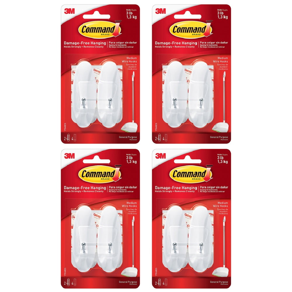 Command Medium Wire Hooks Damage-Free Adhesive 2 Hooks White, 4-Pack