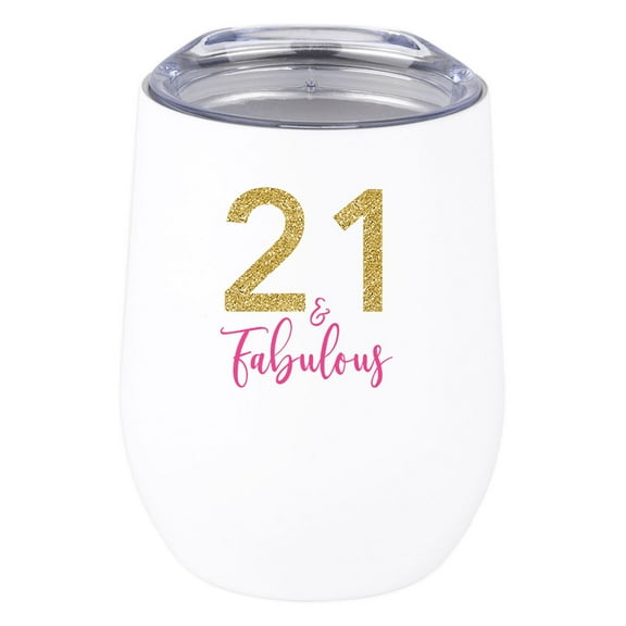 Koyal Wholesale 21st Birthday Wine Tumbler with Lid 12oz Stemless Stainless Steel Insulated Glitter 21 & Fabulous