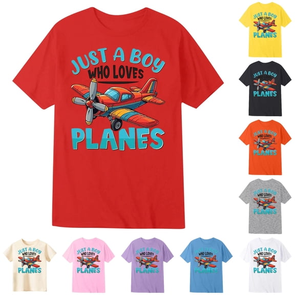 WAYUTE Kids Boys Airplane Short Sleeve Crew Neck T Shirt Vintage Propeller Plane Cartoon Graphic Lightweight Top Casual Outdoor,Red,Size 8-9 Y