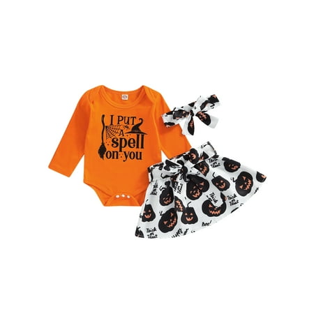 

Ma&Baby Halloween Baby Girls Romper Set Letters Spider Web Broom Print Long Sleeve Jumpsuit + Skirt + Bow Headband