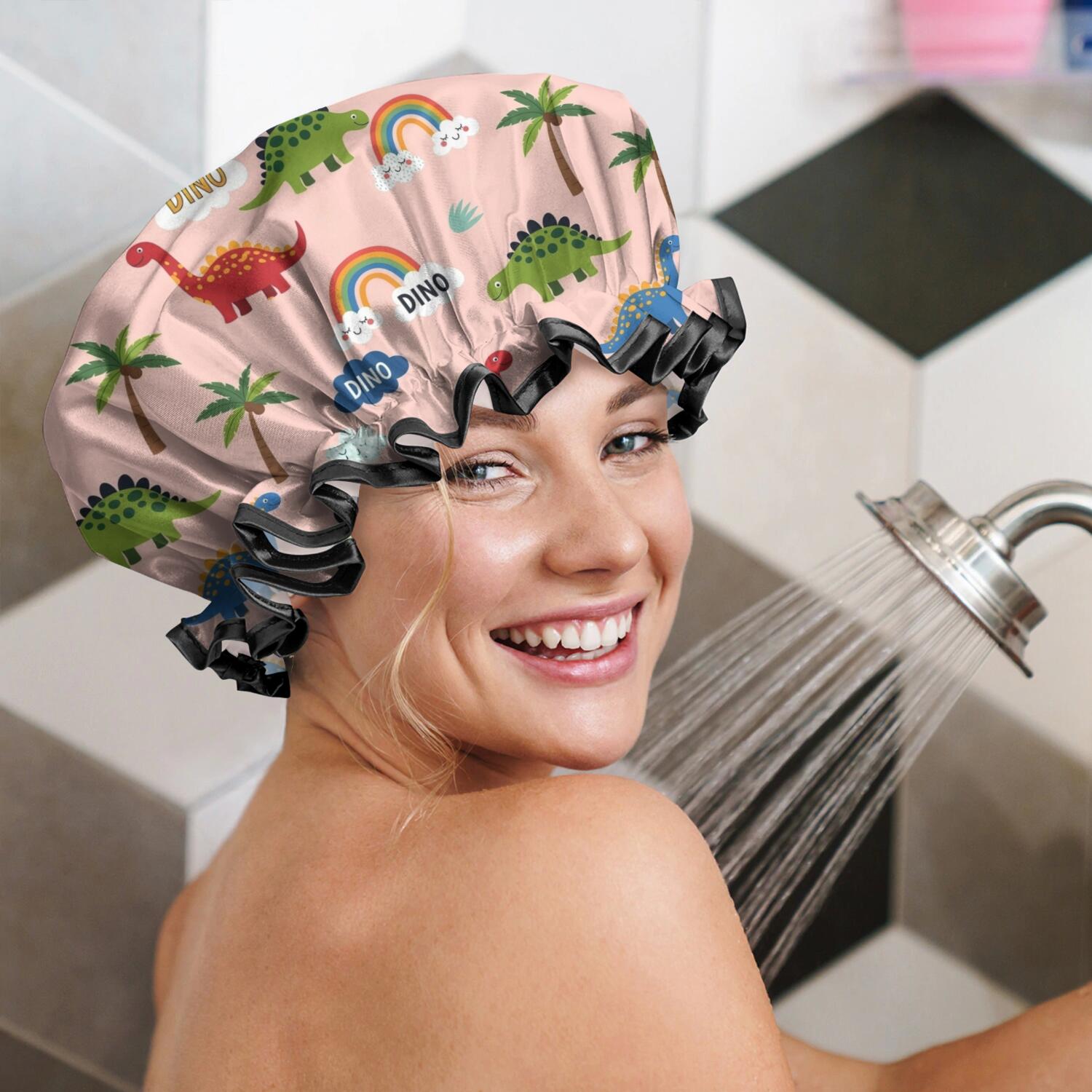 Shower Caps,Pink Dinosaur and Rainbow Pattern Waterproof Shower Cap for Women 4 Pieces,Double Reusable Hair Cover for Shower PEVA Elastic Stretch Hem