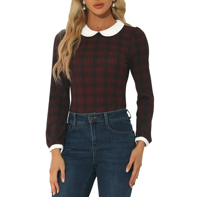INSPIRE CHIC Chemise à Manches Longues Contrastées avec Col pour Femmes Peter Pan Noir Rouge G