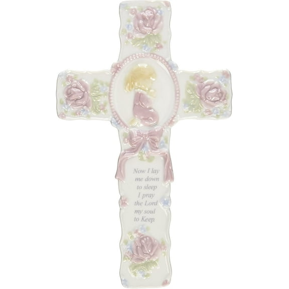 R8015B Fine Porcelain Inspirational Cross with Praying Girl Figurine,