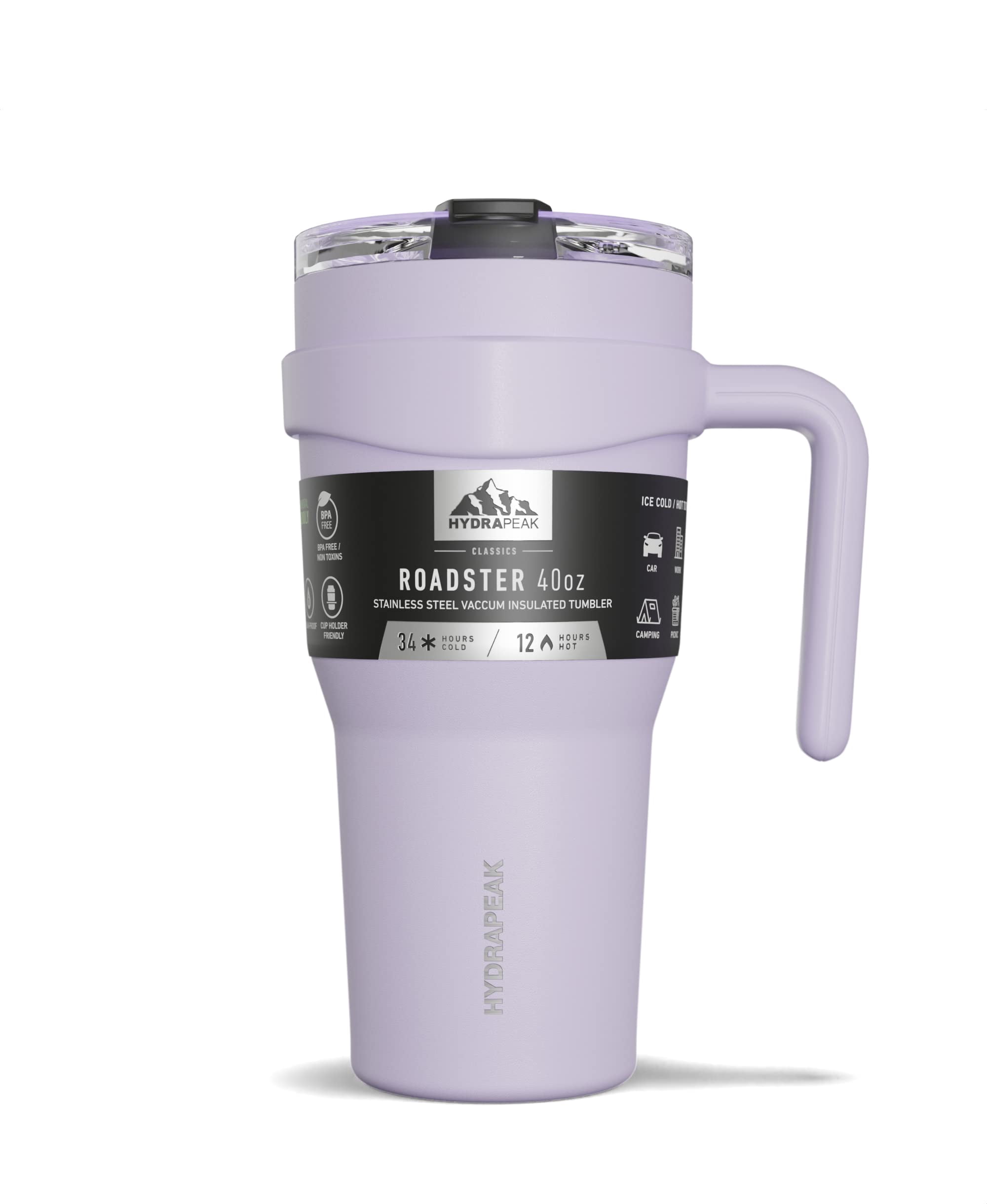 Hydrapeak Roadster 40oz Stainless Steel Tumbler Double Wall Vacuum Insulated Water Bottle With Handle And 2 in 1 Straw Lid (Lavender)