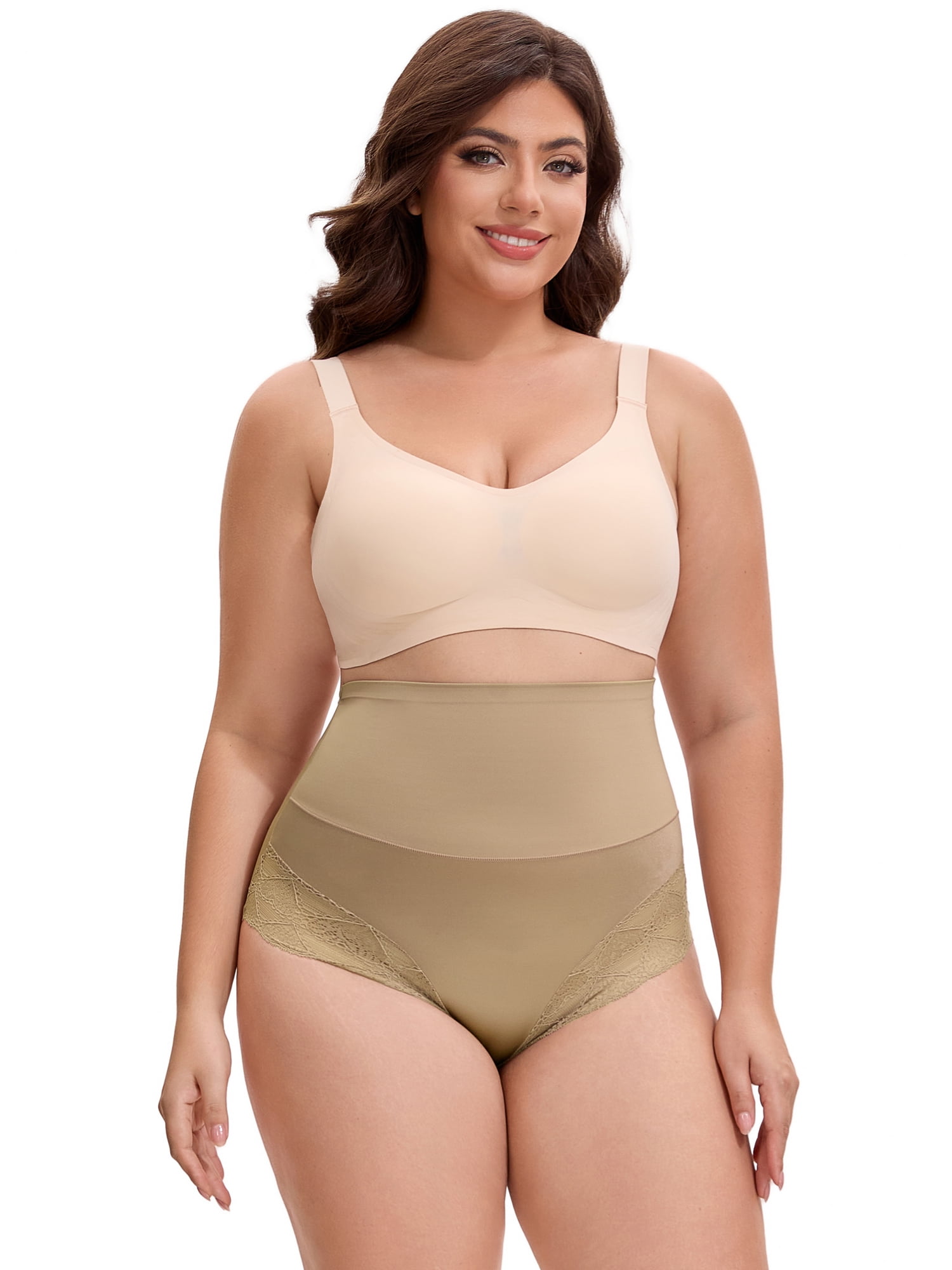 Unique Bargains Lace Trimmed High Waisted Tummy Briefs 2XL Light Brown