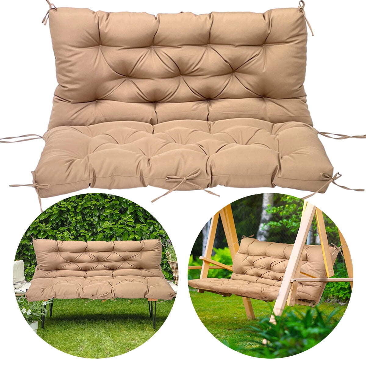 SHANNA Swing Cushion with Backrest and Ties, 4" Thick, Waterproof Cotton Seat Pad, Khaki