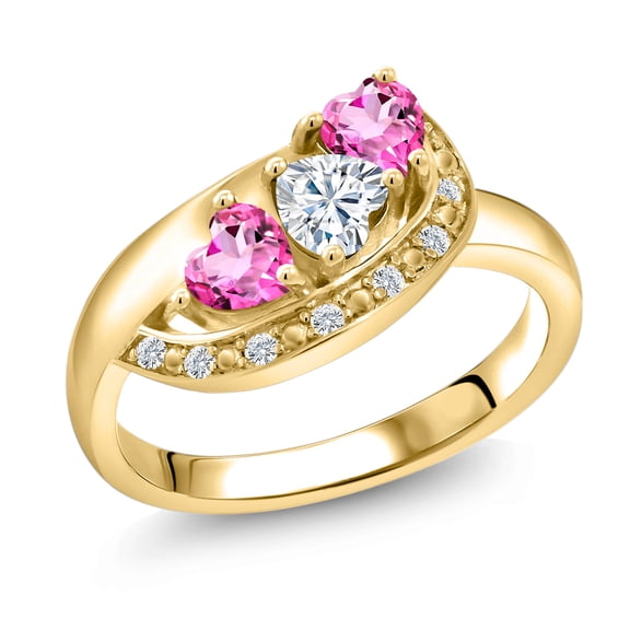 Gem Stone King 18K Yellow Gold Plated Silver White Moissanite and Pink Mystic Topaz and White Created Sapphire Engagement Ring for Women (0.94 Cttw, Gemstone , Heart Shape 4MM, Size 9)