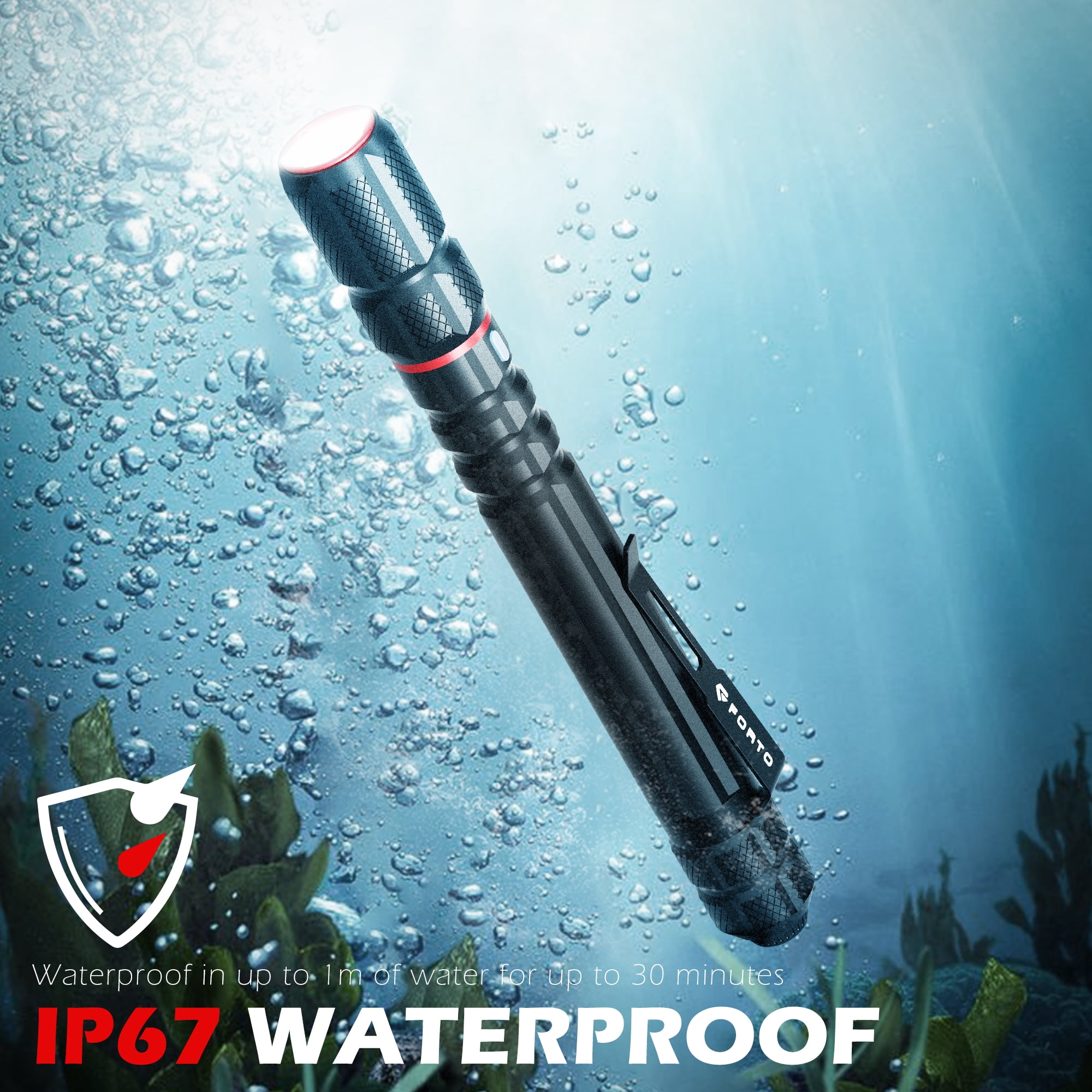 FORTO 400LM Rechargeable Pen Light, 70m Beam, Pocket Flashlight with Clip, IP67 Waterproof, 2 Pack