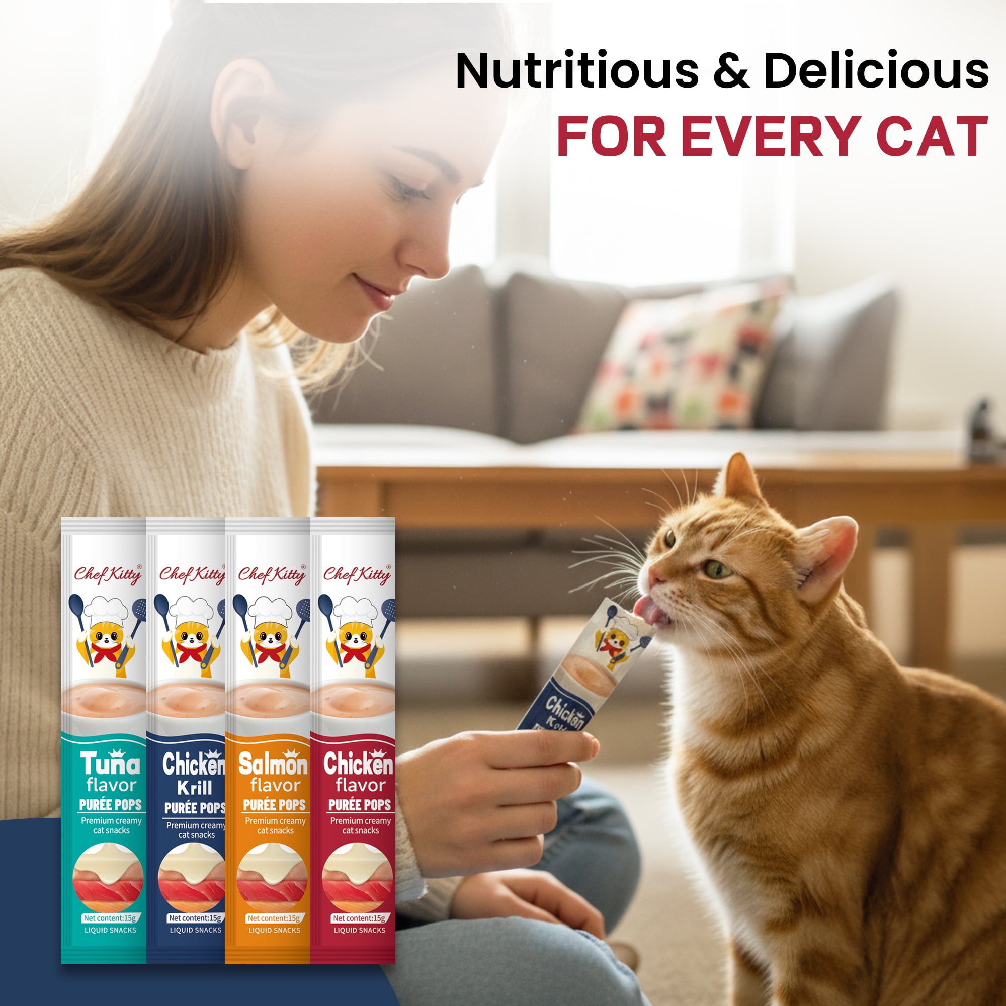 Chef Kitty Puree Pops Seafood Mix Creamy Purée for Cats, 45 Pieces Box