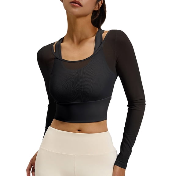 2026 Women's 2 in 1 Yoga Long Sleeve Mesh Gym Athletic Tops Workout Shirts with Medium Support Sports Bra