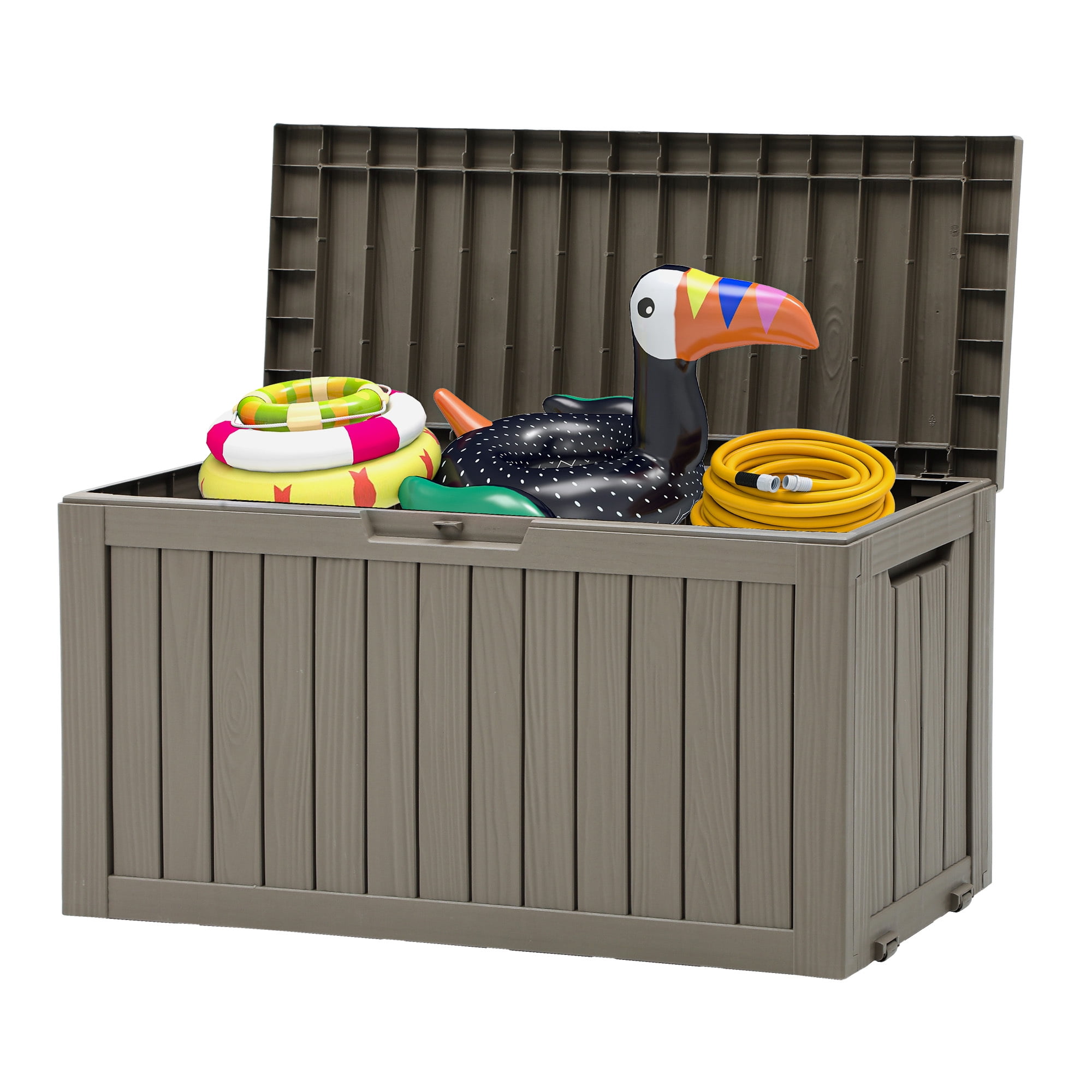 Uforic 72 Gallon Outdoor Resin Storage Box with Wheels, Patio Deck Box for Indoor & Outdoor Use, Ideal for Throw Pillows, Sports Gear & Yard Supplies, Light Brown