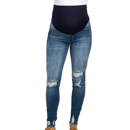 

skpabo Pregnant Women Jeans Fashion Solid Blue Maternity Trousers Slim Fit Skinny Ripped Jeans Pregnant Over The Bump Vintage Denim Leggings M-2XL