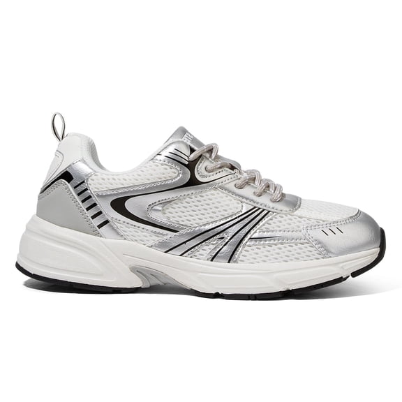 LUCKY STEP Lace Up Mesh Lightweight Fashion Sneakers Casual Running Shoes,White/Silver,Womens