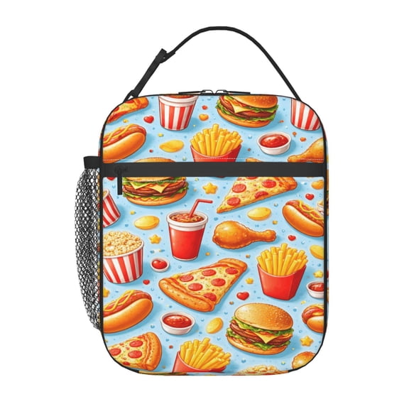 Fast Food Pattern Lunch Bag Reusable Thermal Lunch Tote with Handle for Women and Men