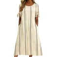 thumbnail image 2 of Ovbmpzd Womens&nbsp;Dresses&nbsp;Summer Striped Khaki Loose Fitting Smocked Crew Neck Shift Tea-Length Womens&nbsp;Dresses,M, 2 of 6