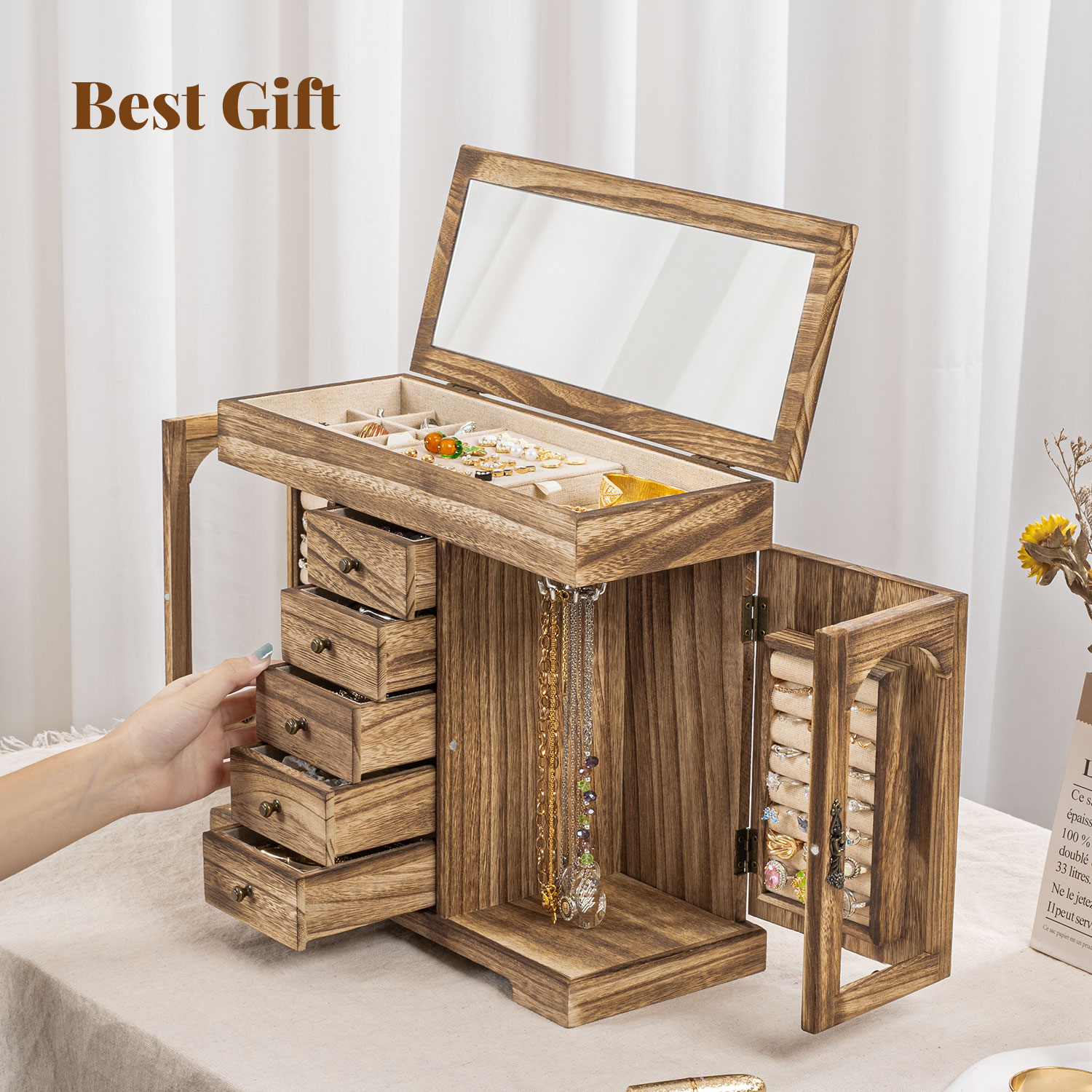 Sfugno Wooden Jewelry Organizer Box with Mirror photo 8