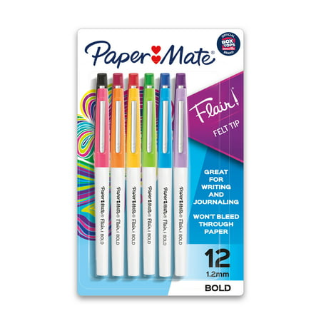 Paper Mate Flair Pens, Felt Tip Pens, Bold Tip (1.2 mm), Assorted Colors, 12 Count