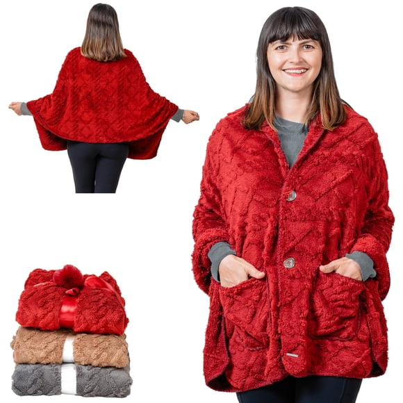 Manta tipo poncho EzRallora Boho Chic, portátil, de jacquard burdeos