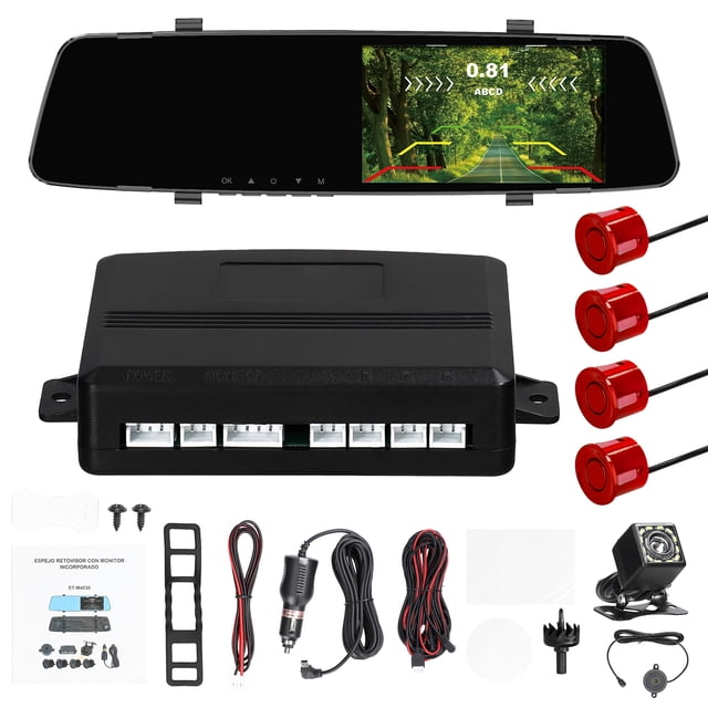 Riwcyla 1080P DVR Dash Camera with 4 Parking Sensor Reverse Radars Front & Rear Dual Camera Driving Recorder with 4.3 Inch Screen Support Night,Vision/Motion Detection/Collision Locking/Loop Recordi