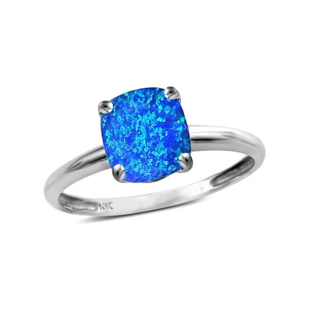 - Star K Blue Created Opal 7mm Cushion Cut Solitaire Engagement Ring