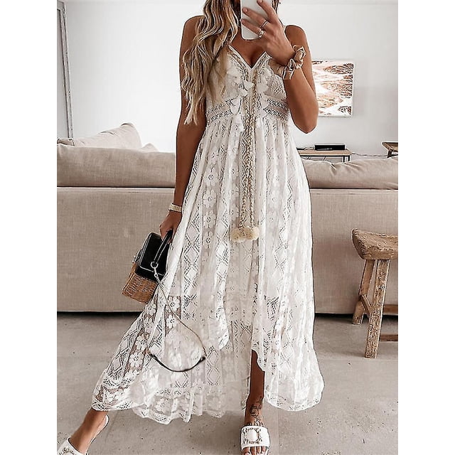 Summer Boho Long Dresses Women Lace V-neck Spaghetti Strap Dress Ladies Off Shoulder Beach Sundress White Dress Vestidos De Mujer