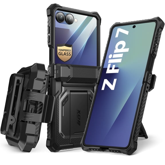 i-Blason Armorbox for Samsung Galaxy Z Flip 7 Case with Stand, [Built-in 9H Screen Protector] [with Belt-Clip] [Hinge Protection], Full-Body Military Protection Phone Case for Samsung Z Flip 7, Black
