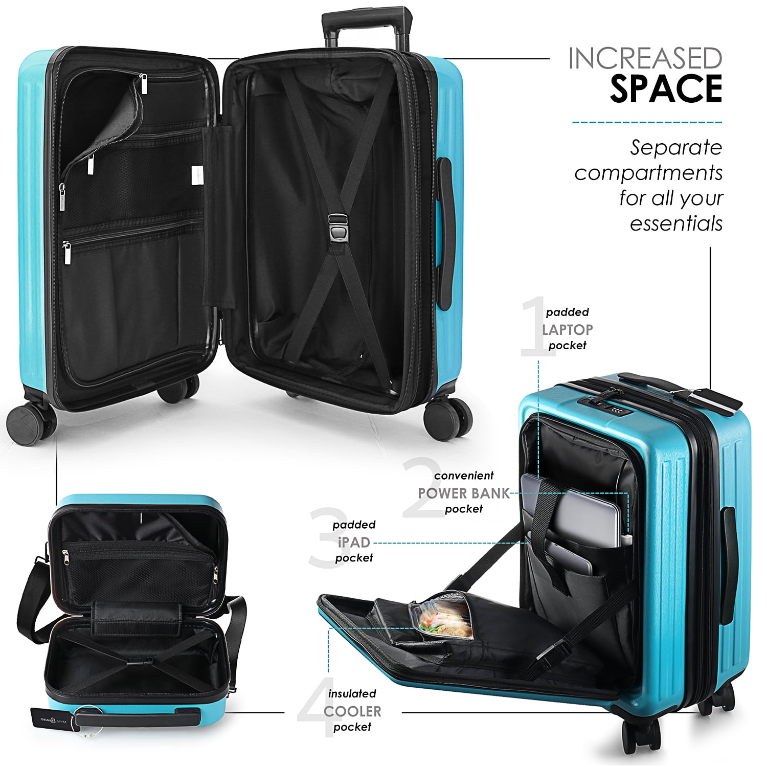 StorageBud 4 Piece Hardshell Exapandable Luggage Set, Spinner Luggage Suitcase Set, Teal Blue
