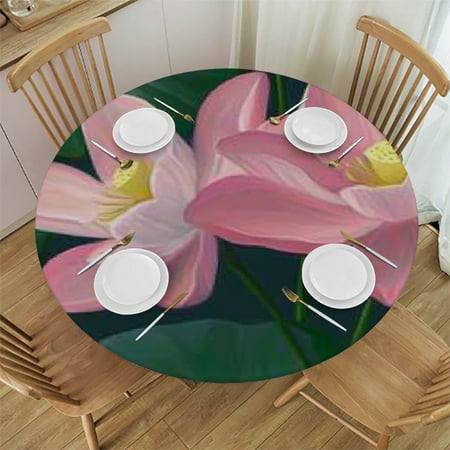 

Sheronv Pink Flowers Green Leaves Round Tablecloth Stain-Resistant Washable for Indoor Outdoor Restaurants Weddings Parties 100% Polyester Waterproof Home Kitchen Decor 38 -42