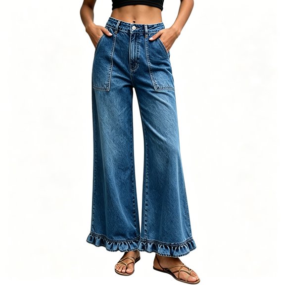 BCSIOAOI Jeans for Women,Denim High Waist Ruffle Ankle Hem Wide Leg Jeans with Pockets Blue L
