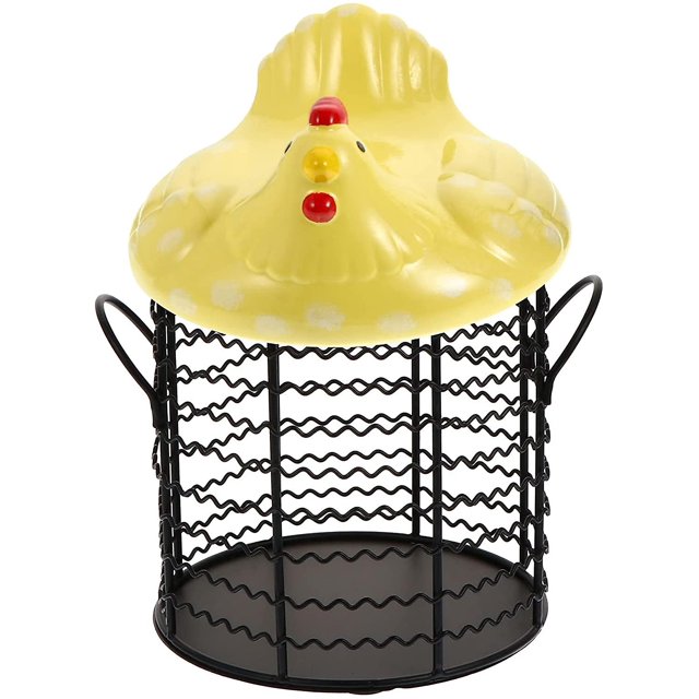 Cesta de huevos de alambre de metal, cesta de frutas con forma de pollo, con tapa y mango de cerámica, organizador de exhibición de huevos para la granja Kitchenyellow Feliz Sencillez
