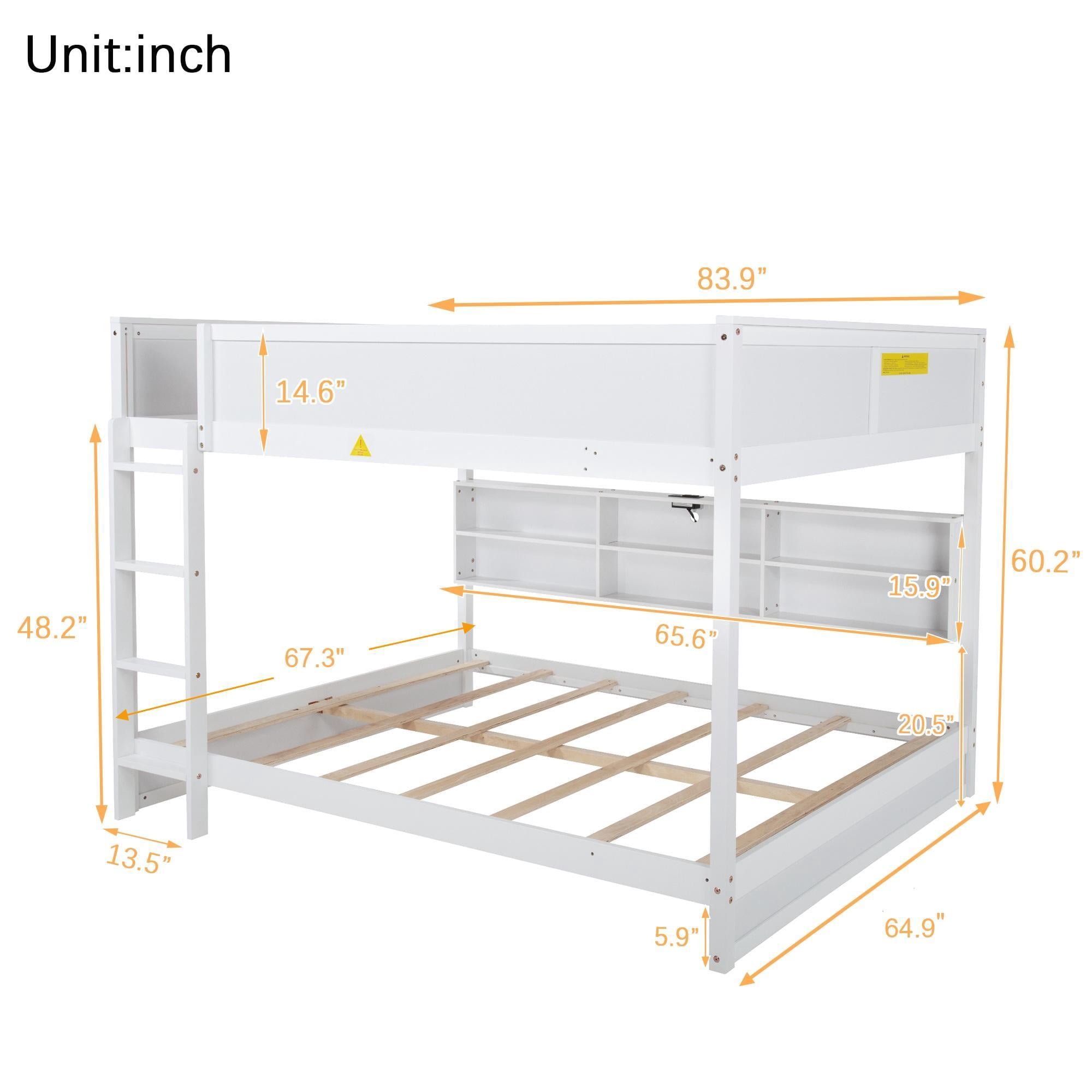 Leumius Queen over Queen Size Bunk Bed Frame with Built-in Storage Cabinets,Charging Station,Ladder,Safety Guardrails,Solid Pine Wood Bunk Bed for Boys Girls White