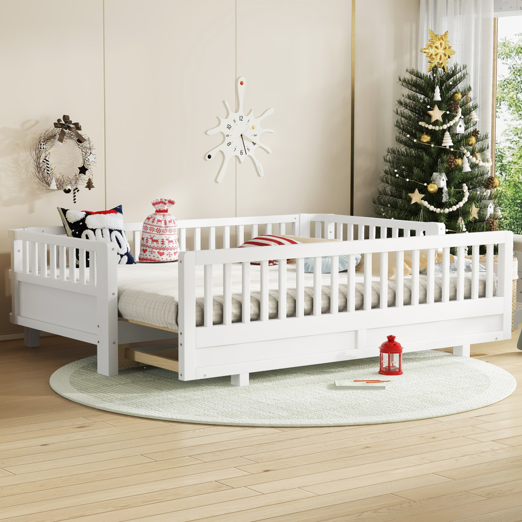 Twin XL Montessori Floor Bed or Queen Platform Bed for Kids, Solid Wood Twin XL Bed Frame with Guardrails, 2-in-1 Convertible Toddler Bed Frame, White