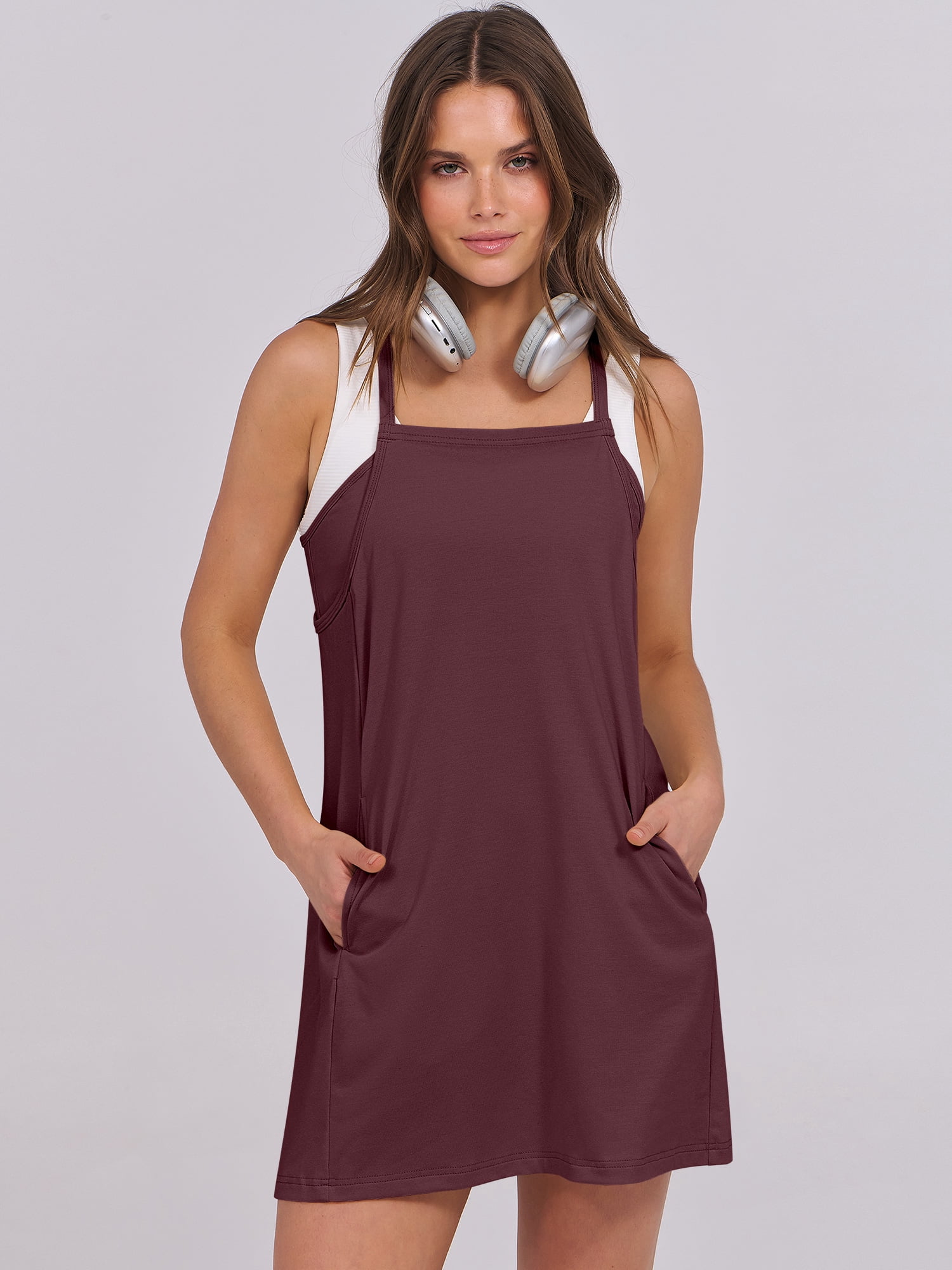 ANRABESS Women's Athletic Dress with Built in Shorts Spaghetti Strap Mini Romper Dress with Pockets, Summer Tennis Workout Dress