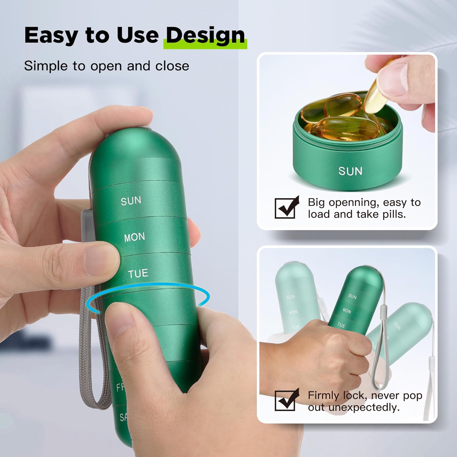 Metal Moisture Proof Weekly Pill Organizer, Stackable Aluminum Alloy BPA Free Travel Hiking 7 Day Pill Box Case Waterproof and Large Compartment to Hold Pills, Vitamins, Fish Oil, Supplements
