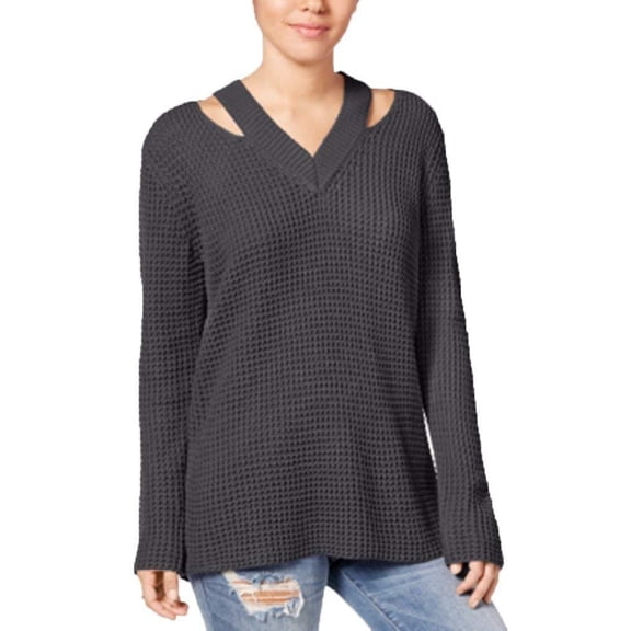 Hooked Up By Iot Juniors Cutout Collar Sweater Silver Grey M