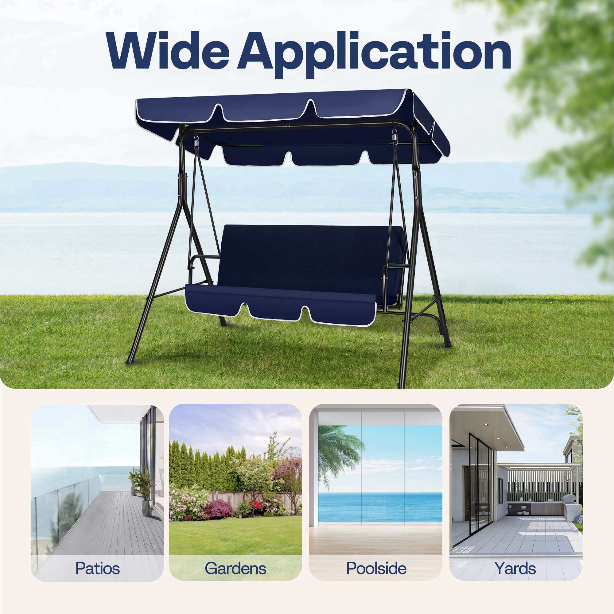 SPECSTAR 3 Seats Patio Porch Swing Chair, Converting Canopy,Removable Cushion,Cushioned Steel Frame Porch Canopy Swing Chair for Patio Garden,Blue